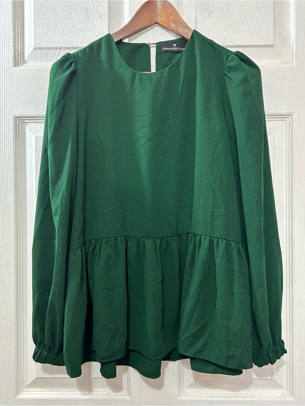 Pomander Place Hunter Green Peplum Blouse Balloon Sleeve Top Small